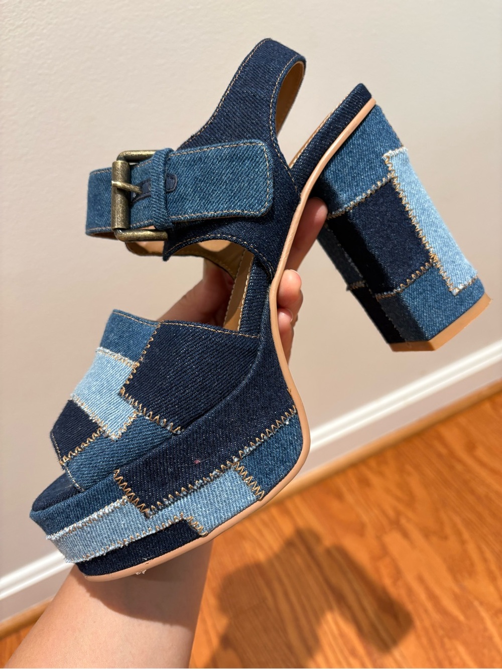 See by Chloé Denim Patchwork Block Heel Platform Sandals Sz 39 * - Picture 6 of 14